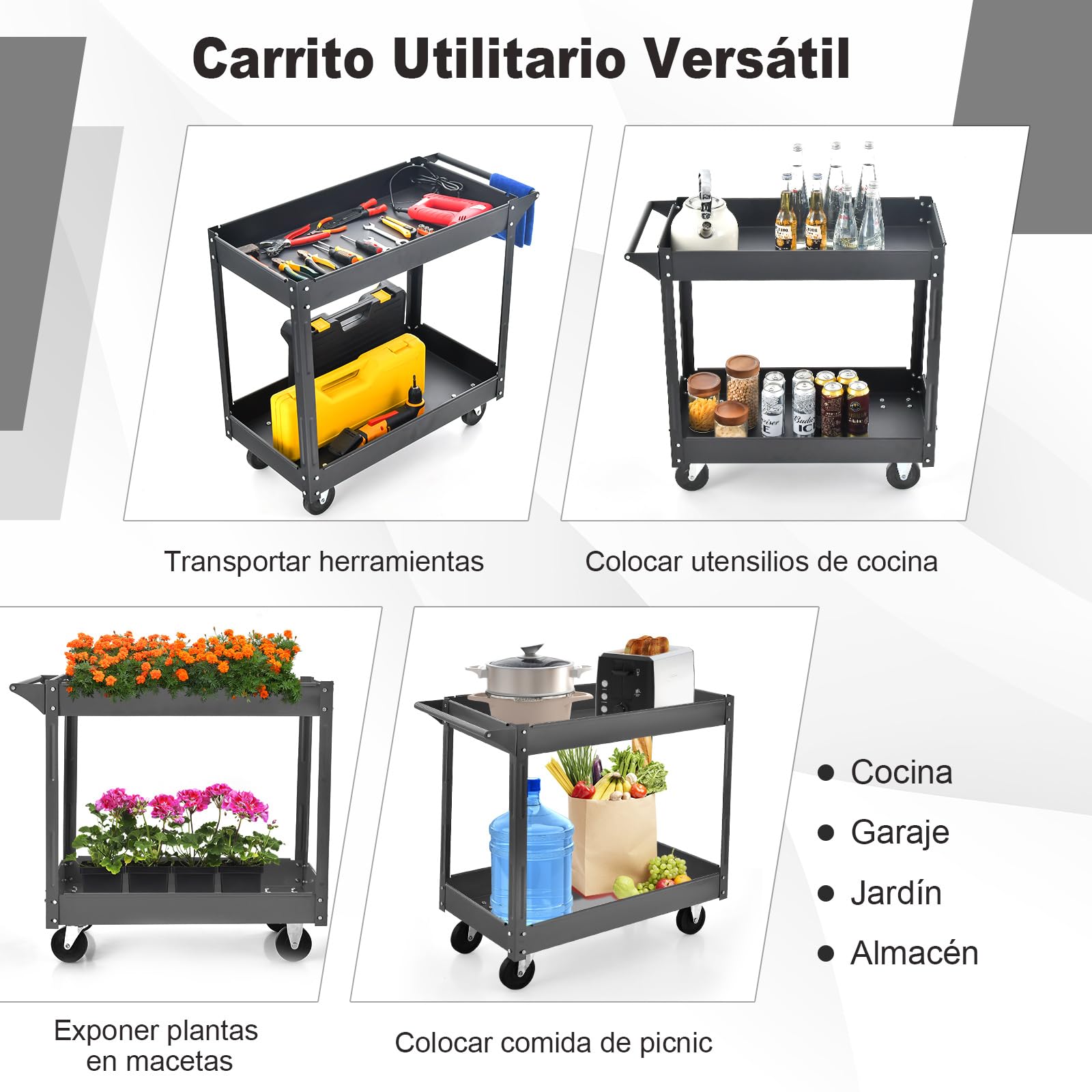 COSTWAY Carro Multiusos de 2 Pisos, Carro de Servicio de Doble Capa con Manija, Estructura de Metal Resistente, Soporte Máximo de 50 kg por Nivel, Carro Rodante de Herramientas para Casa (Negro)