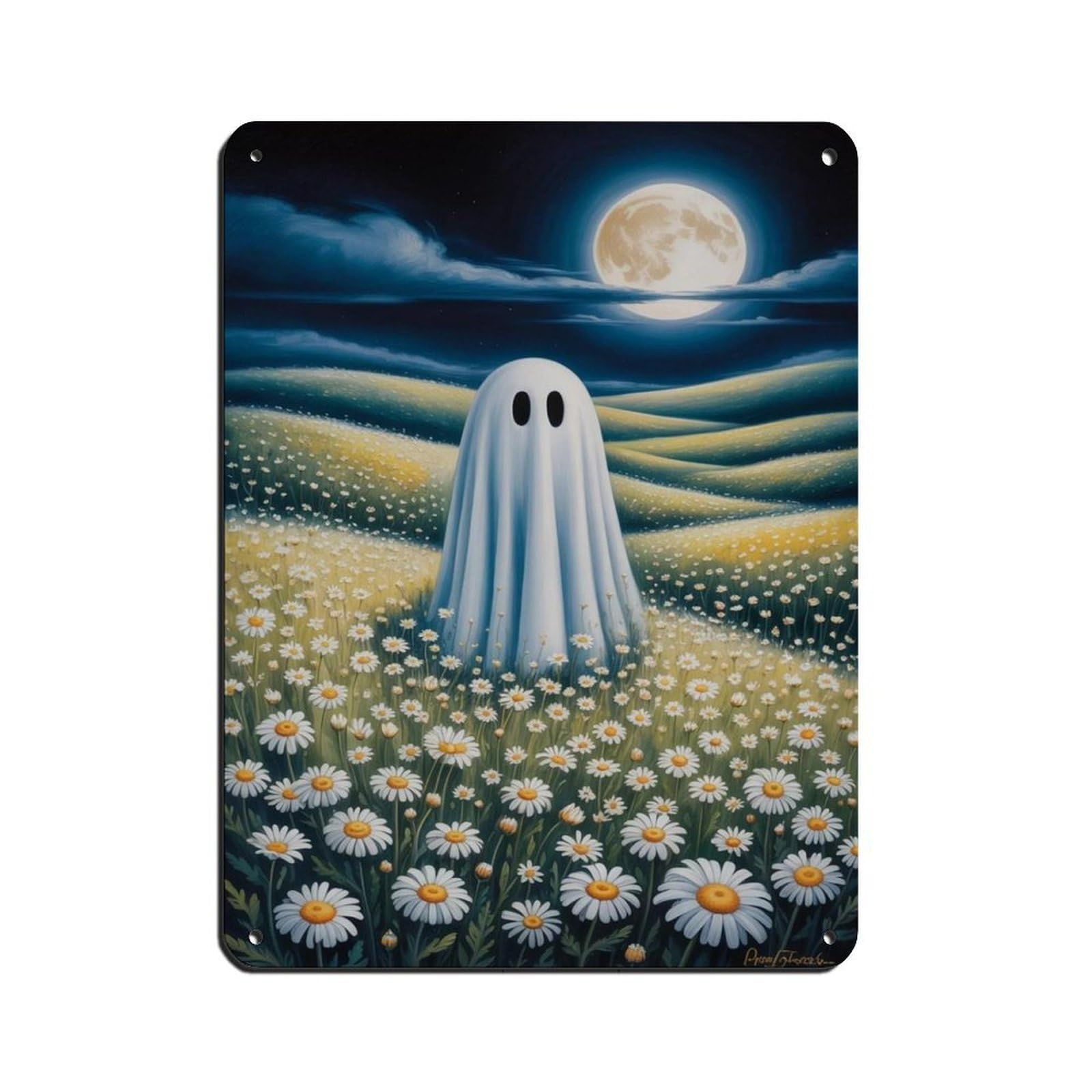 Ghost with Wildflowers at The Moon Poster Tin Sign Vintage Metal Pub Club Cafe Bar Home Wall Art Decoration Poster Retro 12x16inch(30x40cm)