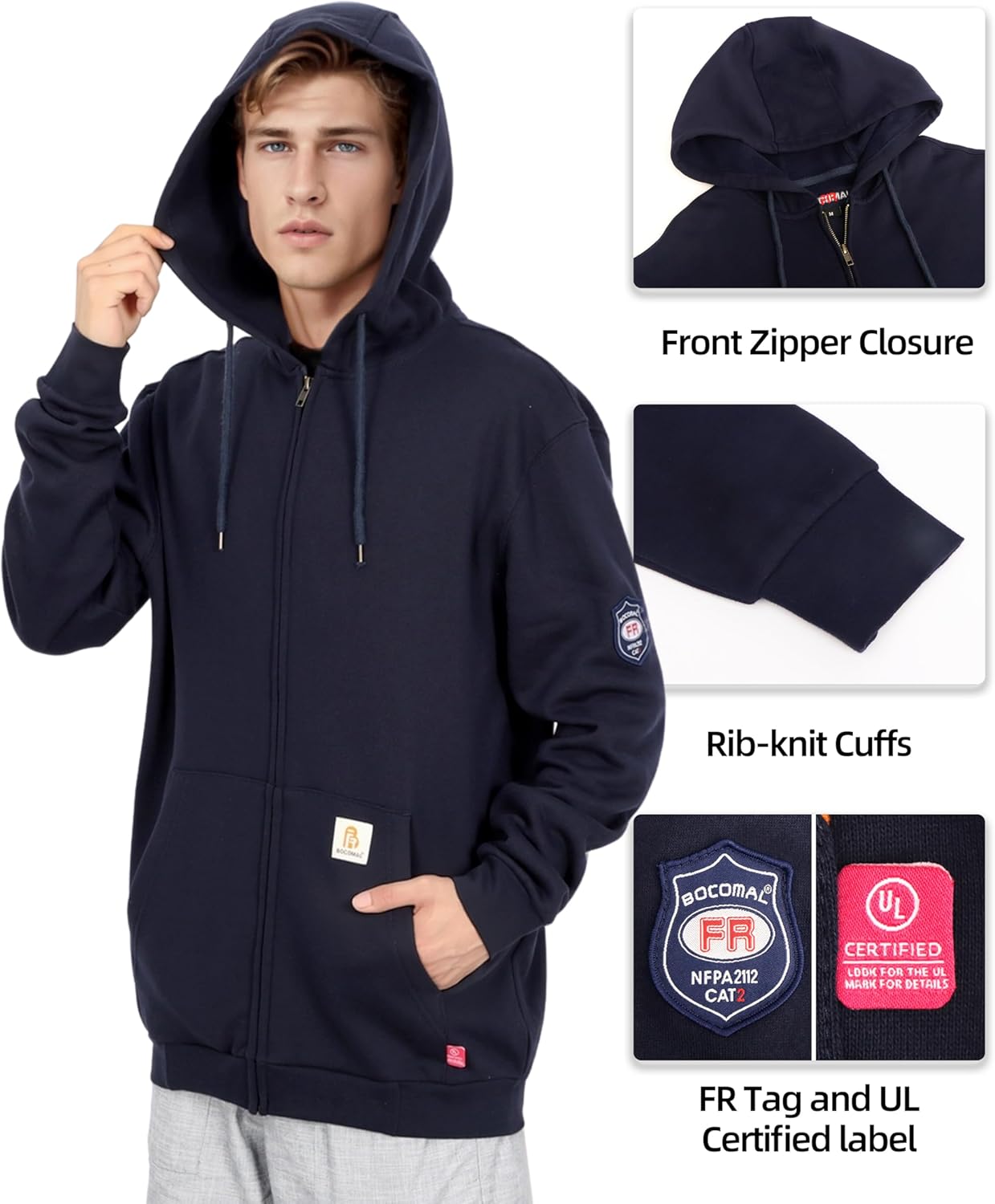 BOCOMAL FR Hoodies Zipper Front 10.5oz Cotton Fleece Flame Resistant Hooded Sweatshirts - Image 5