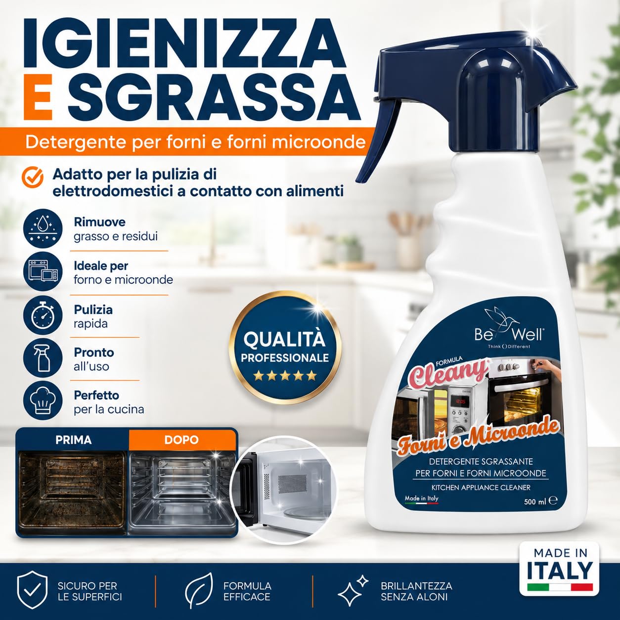 CLEANY Detergente Sgrassante Spray per Forni e Microonde, Formula Professionale, 500 ml, Made in Italy
