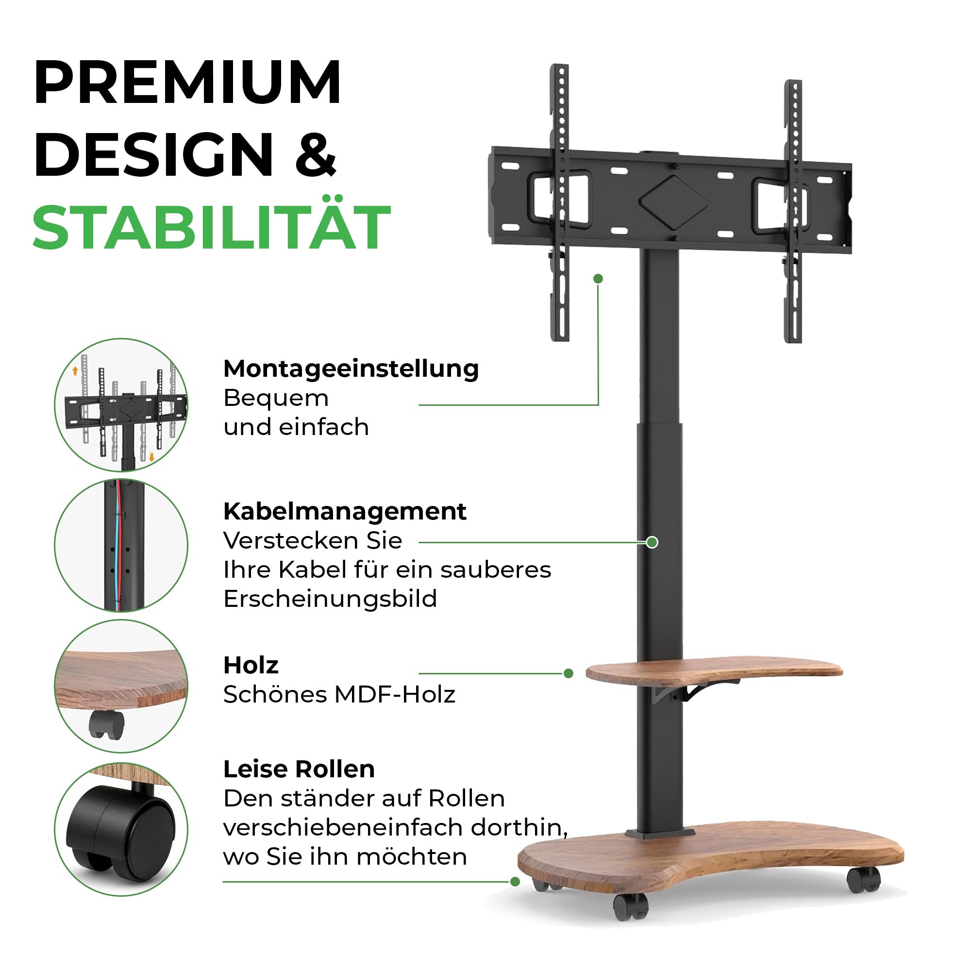 Stellar TV Ständer Rollbar mit Holzregal - höhenverstellbar schwenkbar TV Rollwagen für 32-70 Zoll Fernseher bis 45 kg - Universal TV Standfuss max VESA 600x400
