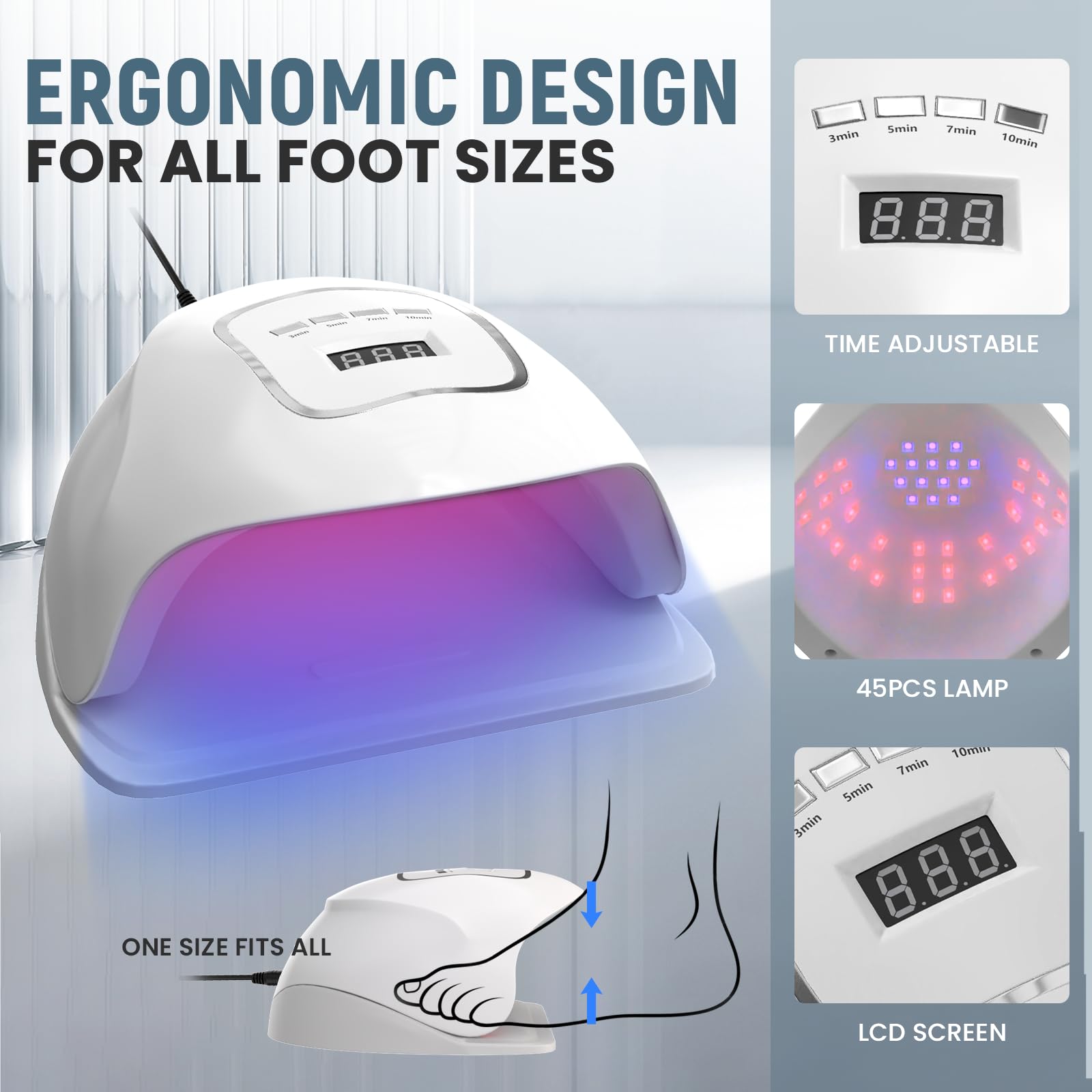 iKeener Appareil LED Soin des Ongles Mains et Pieds, Lampe Ongles avec 45 LEDs Lumière Bleue 470nm + Rouge 650nm, Minuterie 3/5/7/10 Min pour Routine de Soin des Ongles à Domicile