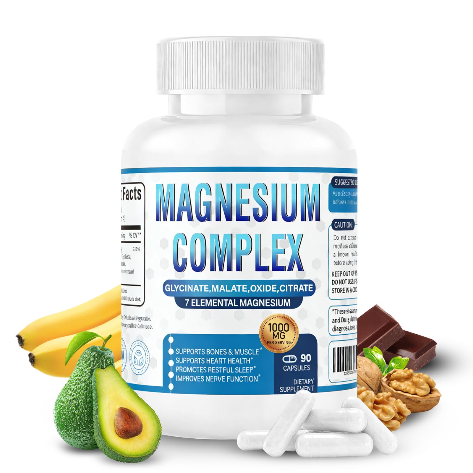 Magnesium Complex Supplement - 1000mg with 7 Magnesium Forms Including Glycinate, Citrate, Malate, Taurate & Orotate - Supports Relaxation, Muscle Function & Bone Strength - 90 Capsules