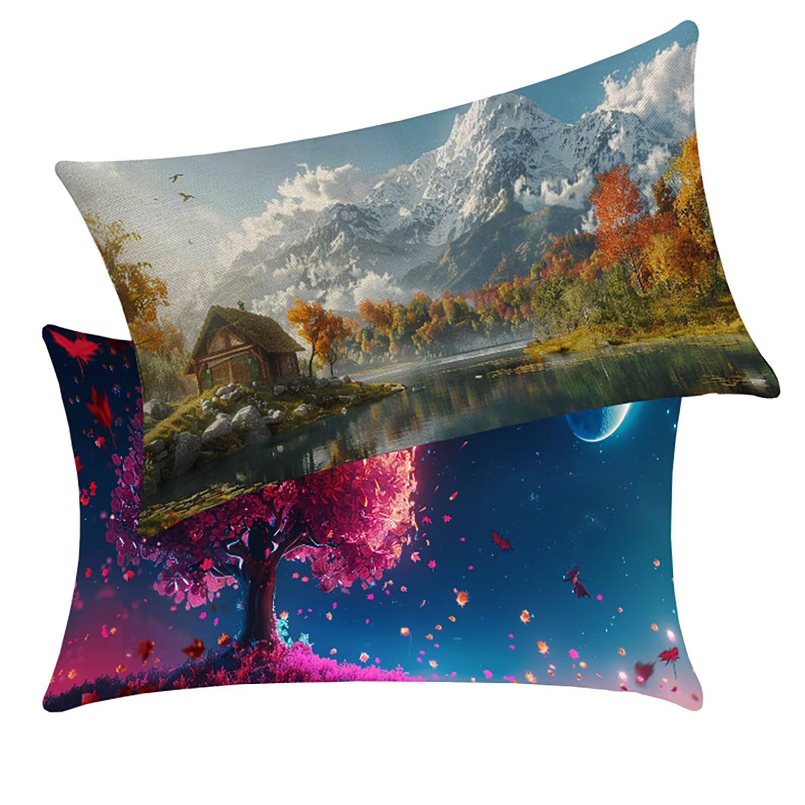 Coussin exterieur impermeable rose 30x50 cm lot de 2 en lin et couture double