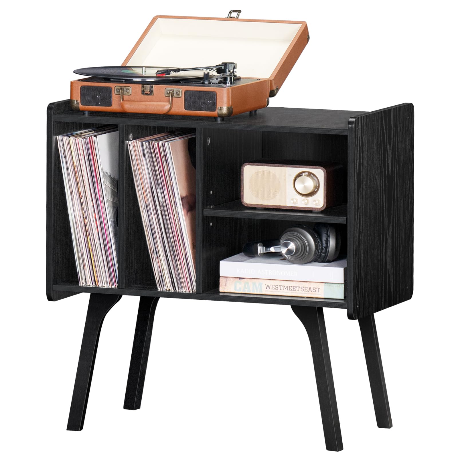 LELELINKY Record Player Stand, Black Vinyl Record Storage Table, 4 Cabinet