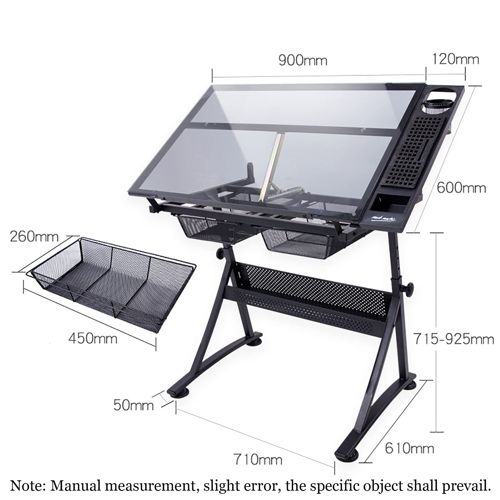 Tavolo da disegno regolabile con piano inclinato a 80° in vetro temperato per disegnare e progettare, 2 cassetti per riporre oggetti, perfetto per architetti e creativi