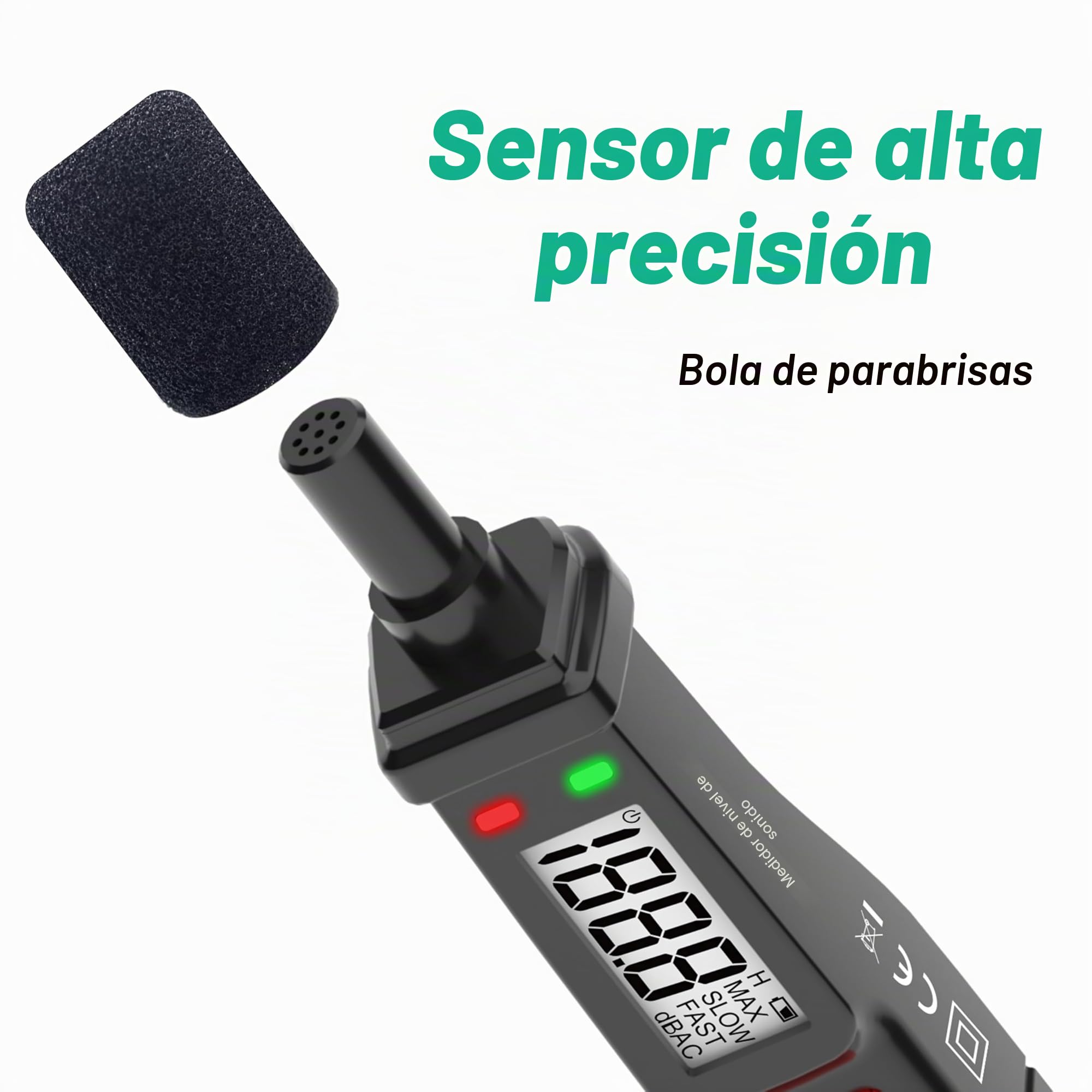 Medidor de decibelios, medidor de nivel de sonido digital 30-130 dB(A), medidor SPL portátil con pantalla LCD retroiluminada, medidor de ruido de audio con MAX/MIN, retención de datos, linterna Home