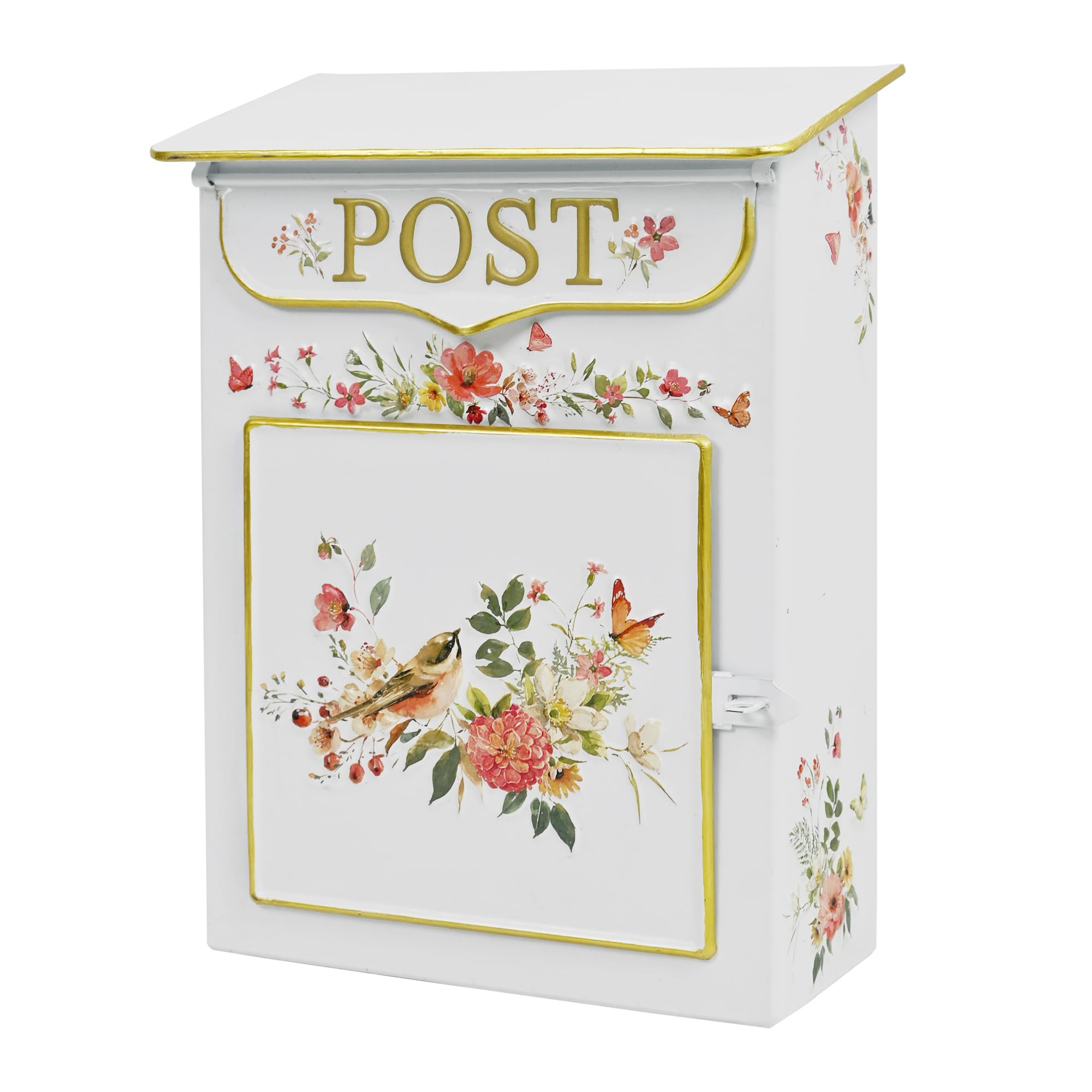 Vintage Mailbox Wall Mount Mailboxes for Outside Small Mail Boxes for House Outside Metal Drop Box Antique Style Nostalgic Charm Home Decorative, Flower Pattern (White, Small)-image-49