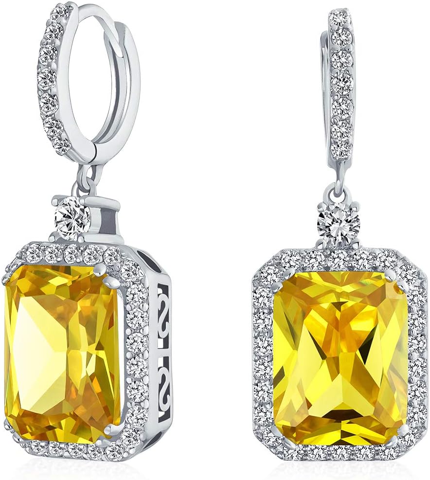 Statement Fashion 10CT Emerald Cut CZ Halo Dangle Huggie Dangle Earrings Prom Cubic Zirconia Gold Silver Plated