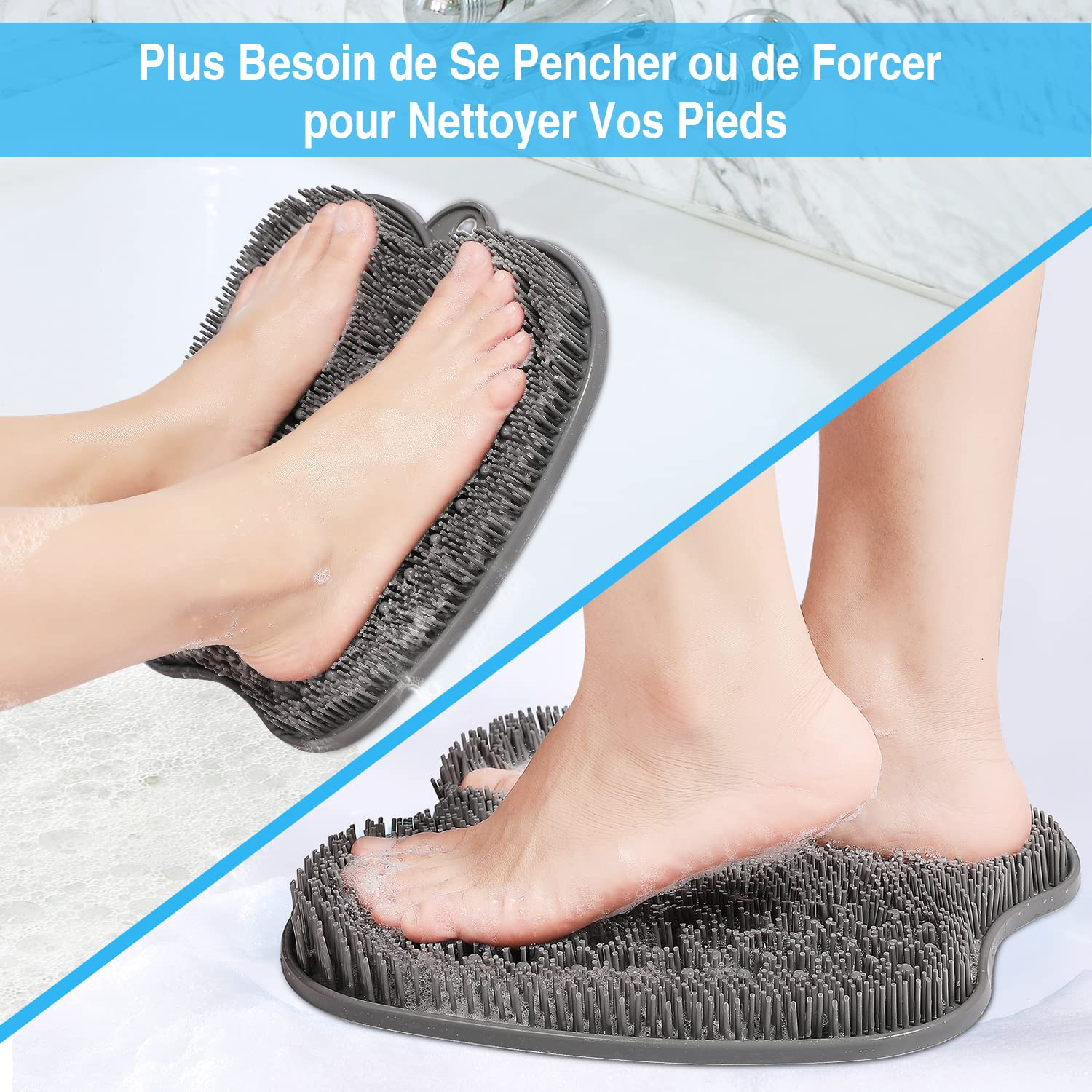 HONYIN Grand Brosse Pieds Douche, Foot Scrubber Douche 28 x 28 cm | Nettoie, Exfolie, Masse vos Pieds Sans se Pencher, Circulation et Soulage Les Pieds Fatigués, avec Ventouses Antidérapantes