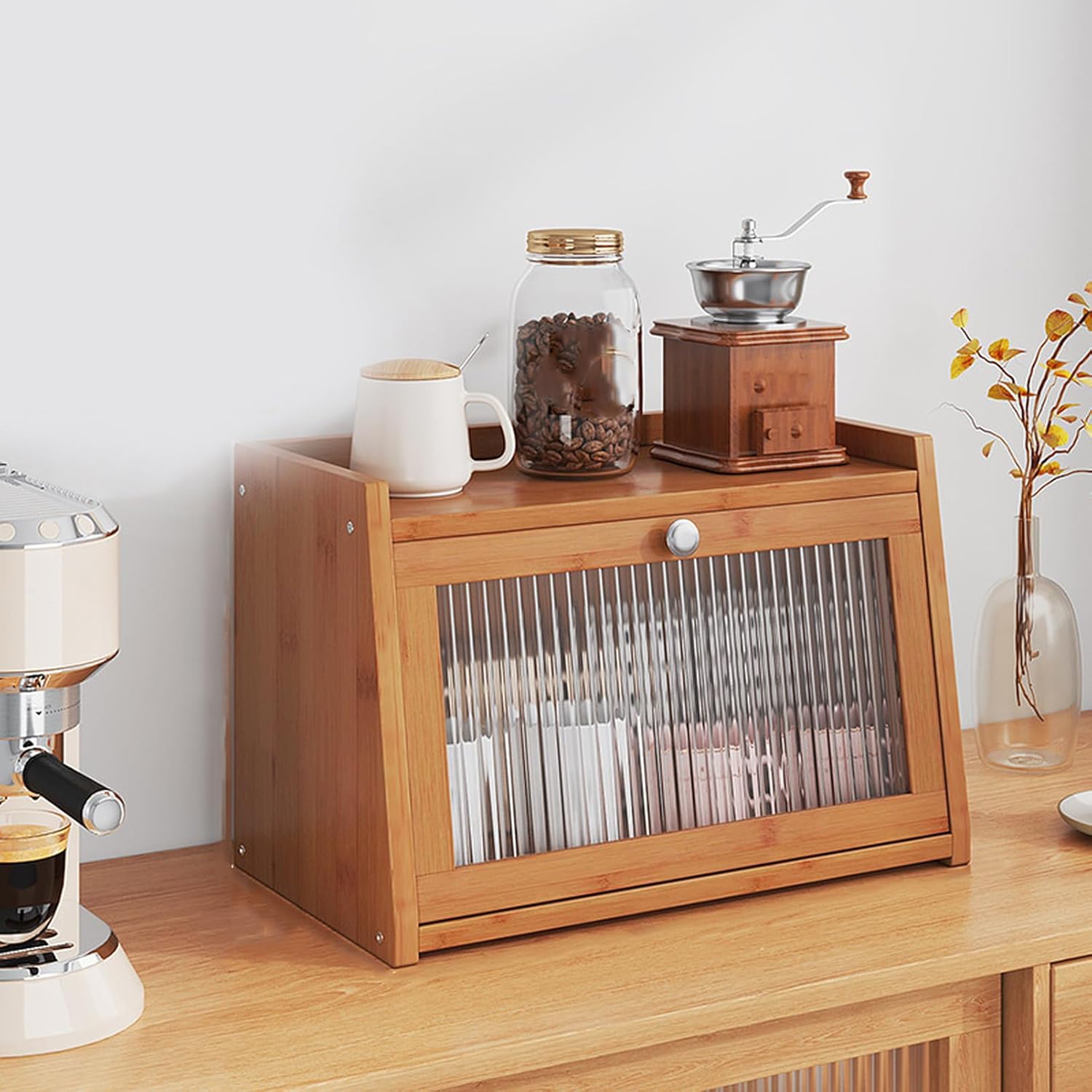 [YXSNG] カウンター上収納 食器棚 卓上 ミニ食器棚 竹製 カップボード ミニ 扉付き 棚 スパイスラック 上置き 北欧 ブラ