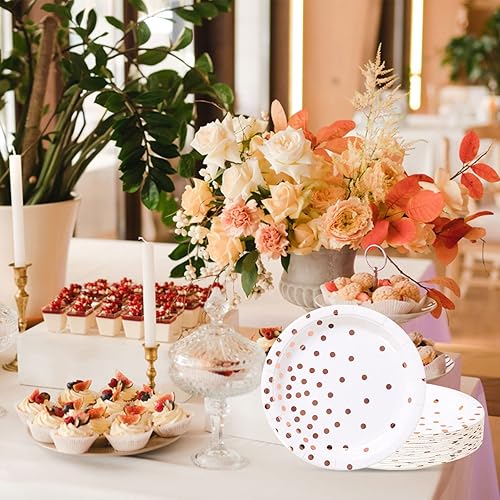 Miniatura 7 de Suministros de fiesta de oro blanco y rosa, platos de postre de papel de punto dorado rosa (50 unidades)