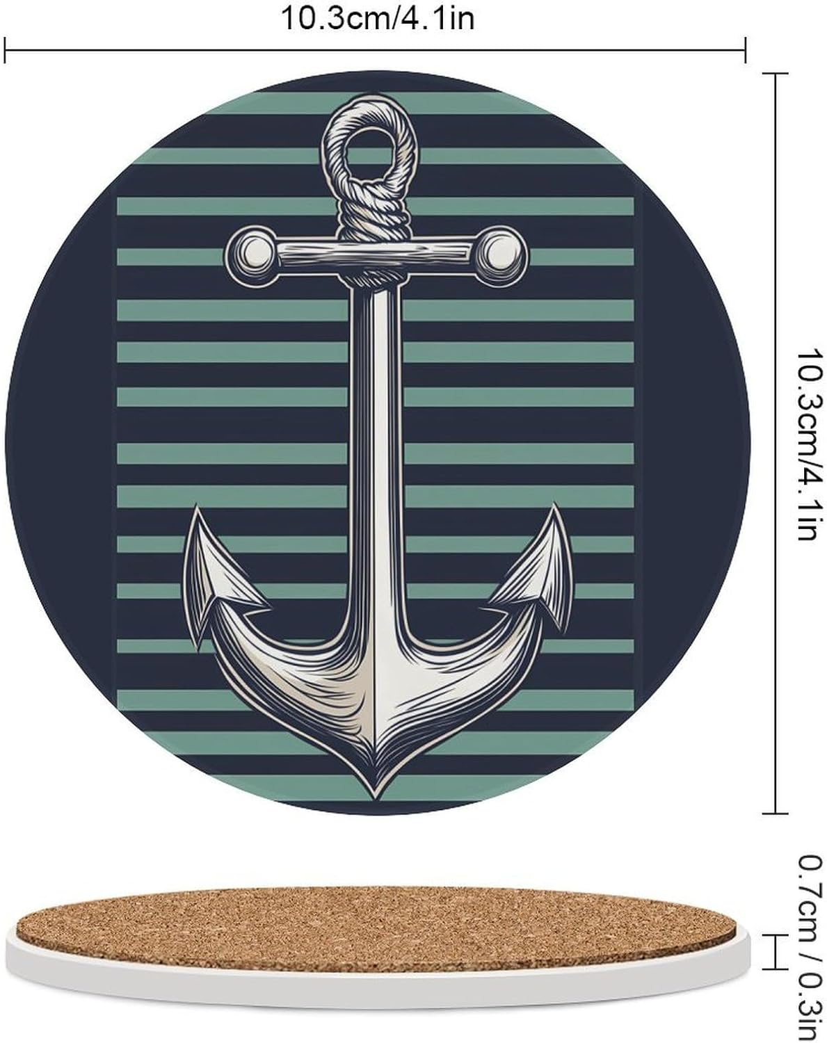 Anchors1 Green Stripes Round Ceramic Coasters for Drinks Absorbent Cup Holder Tabletop Protector with Cork Base