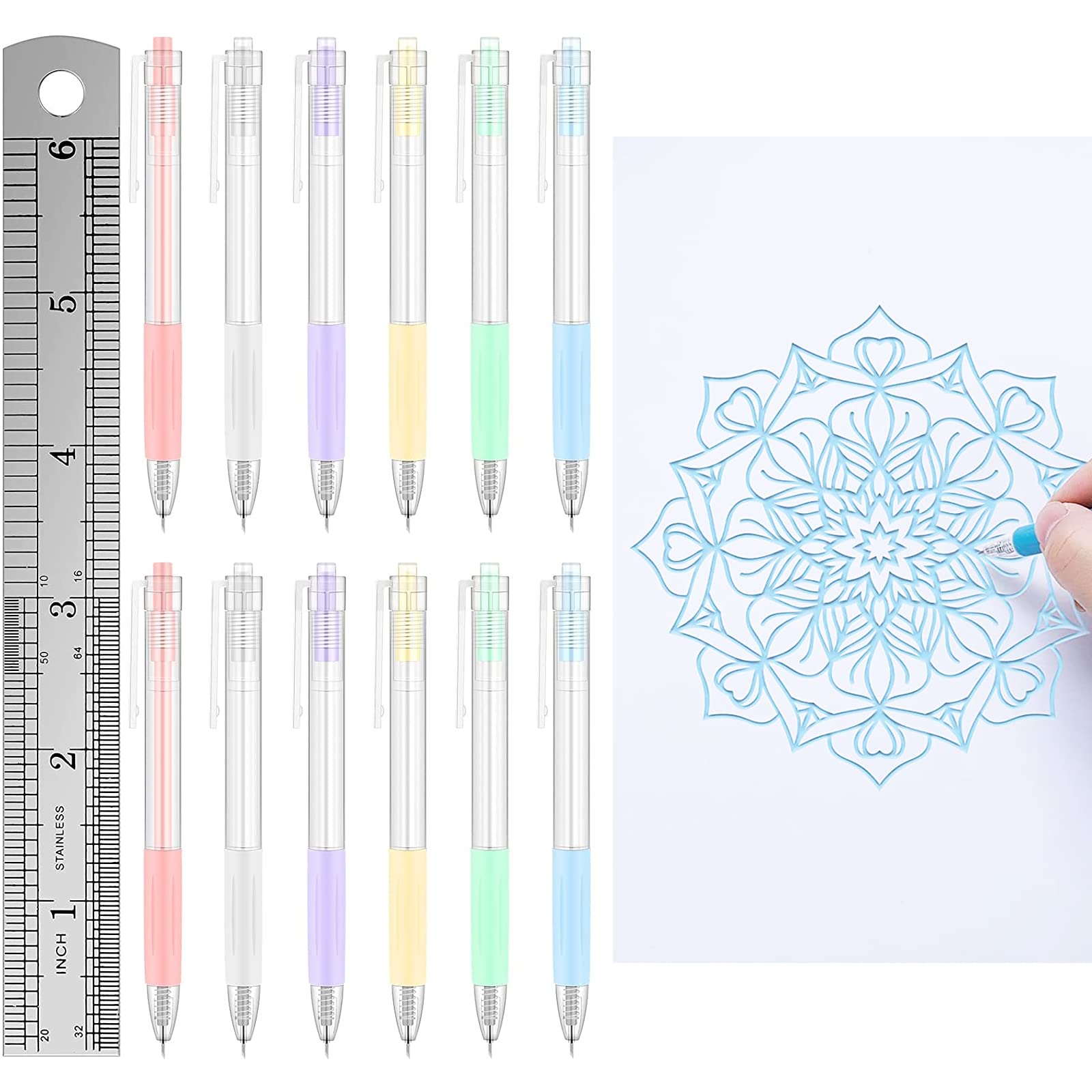 12x Utility Knife Pen BOZILY Craft Cutting Tools with Ruler Retractable Automatic Press Knife Paper Cutter Pens Decoupage Utility Knife Pens Utility Precision Blade Knife DIY Scrapbooking Art