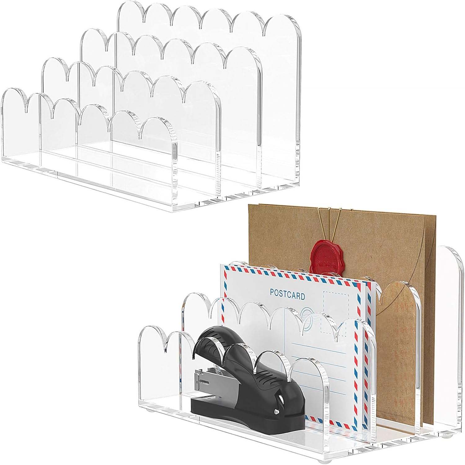 YAGELI 2 Pack 5-Slot Acrylic Mail Organizer for Desktop – Scalloped Clear Document Sorter, Vertical File Holder for Office/Home, Space-Saving Desk Organizer for Letters,Envelope,Bills,Stationery