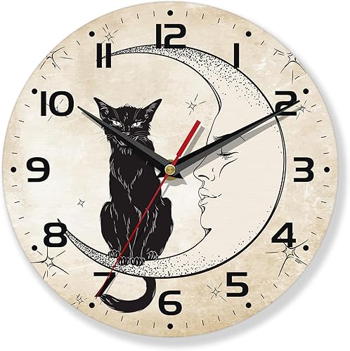 Relojes de pared, gato negro de 10 pulgadas, reloj de pared pequeño con pilas de luna, decorativo para cocina, sala de estar, dormitorio, baño,