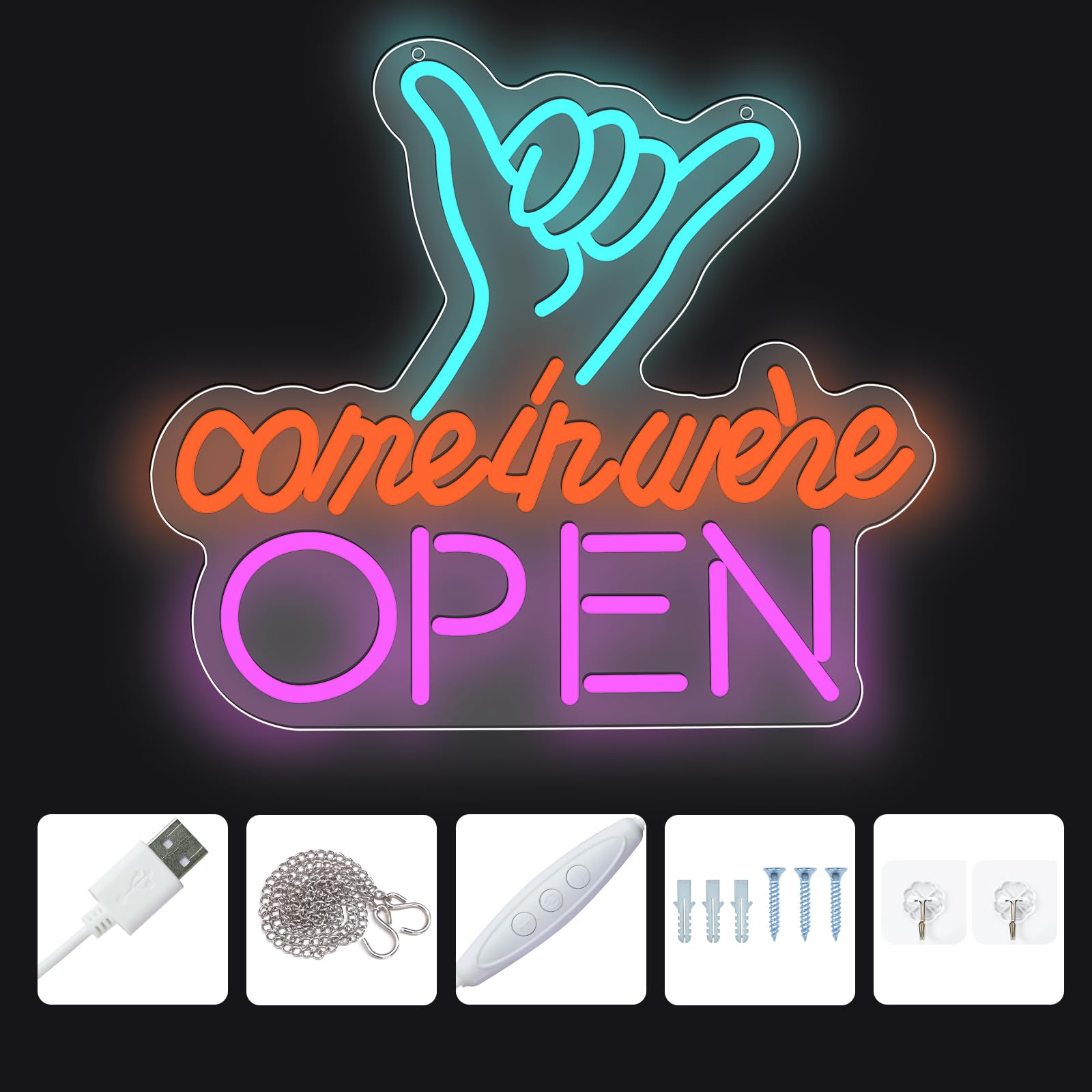 WIOSOUL Finger Open Sign Dimmable LED Neon Open Sign Light for Business 13.78"x12.2" USB Powered Double-Layer Acrylic Board Sign for Shop Restaurants - Image 3
