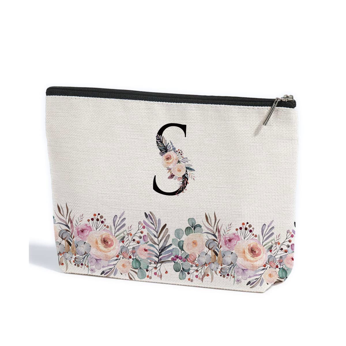 Initial Makeup Bag Letter S Unique Birthday Gifts for Women Girls Personalized Cosmetic Bag with Zipper for Wedding Graduation Gifts Teachers Friends Bridesmaids Monogrammed Gifts for Women