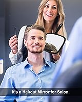 Vista 5 de PROTECLE Espejo de mano grande para salón de barbería, espejo de peluquería de mano con mango (cuadrado, negro, 26.2 cm x 18.8 cm)