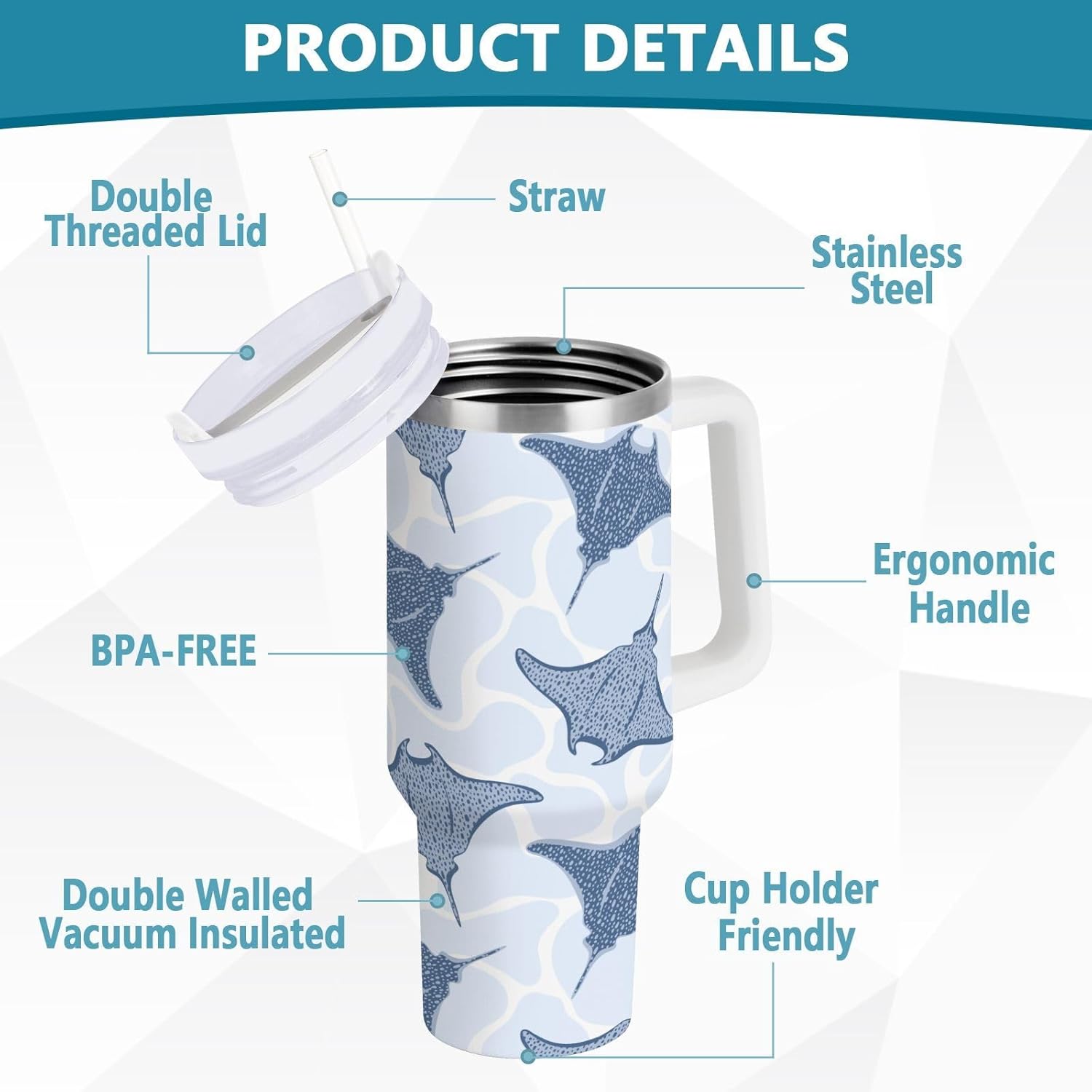 30 oz Tumbler Stingray Fishes Insulated Travel Mug Stainless Steel Vacuum with Handle and Straw Lid Coffee Cup Tea Water Bottles for Sports Work Car Travel Hot Cold Drink