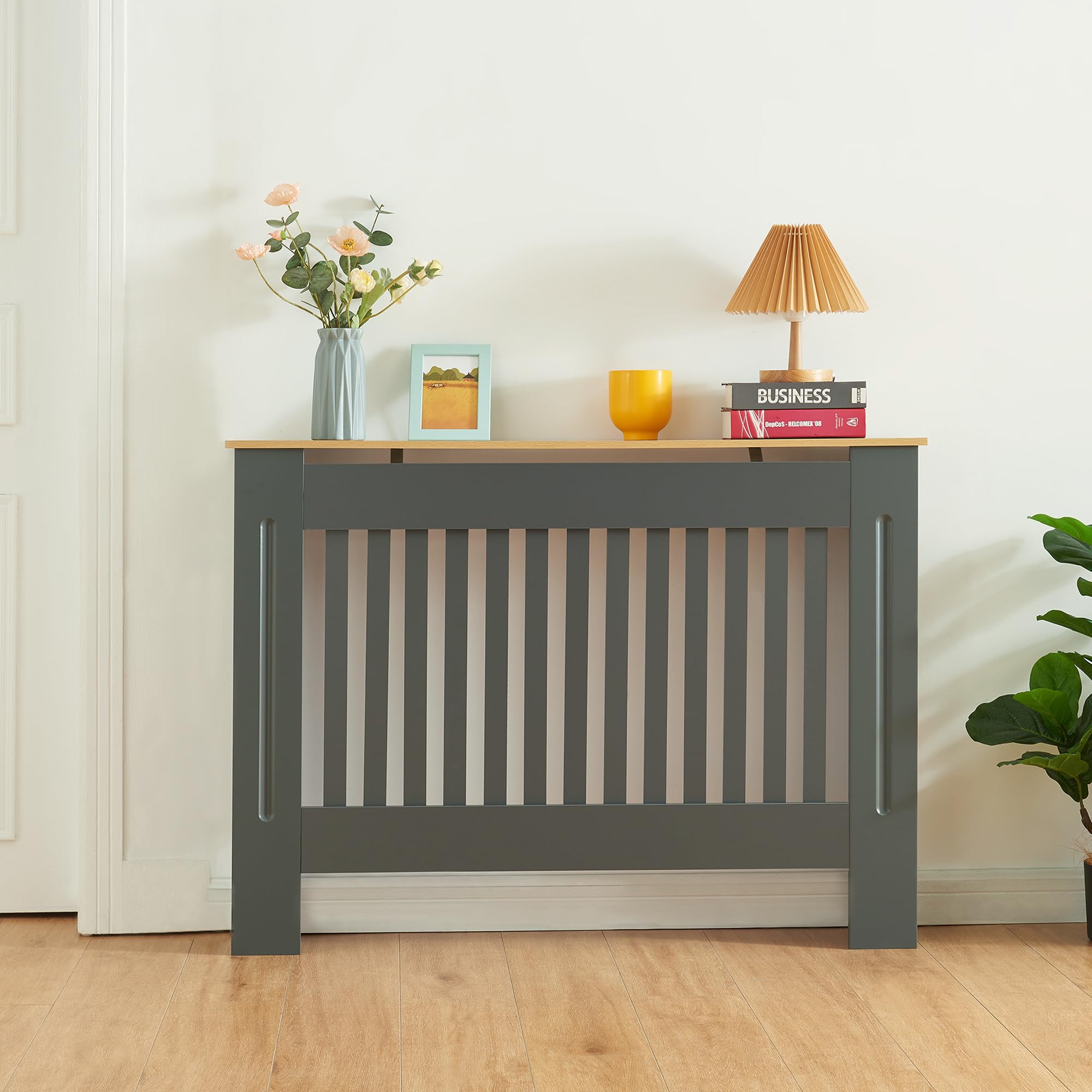 Panana Classic Radiator Cover, Wood Grill Design MDF Cabinet, Grey with Wood Top (M-112cm Width)