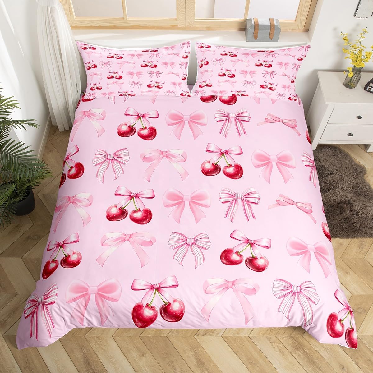 Castle Fairy Cute Bowknot Bedding Sets Toddler Size,Girly Princess Style Red Cherry Reversible Duvet Cover 2Pcs for Kids Bedroom,Watercolor Pink Bow Tie Lovely Quilt Cover,1 Pillowcase (No Comforter)