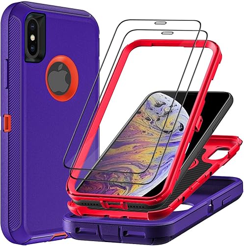 Funda para iPhone XiPhone Xs con 2 protectores de pantalla de vidrio templado, grado militar 3 en 1, resistente a prueba de golpes, caídas y polvo