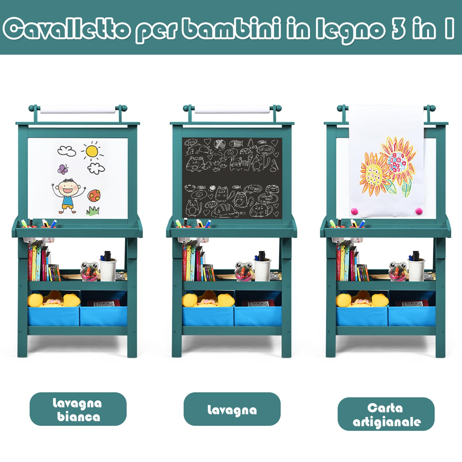COSTWAY 3 in 1 Cavalletto per Bambini con Doppia Faccia, Cavalletto per Disegno con 2 Vassoi e 2 Scatole, Lavagna Bambini in Legno (Blu)