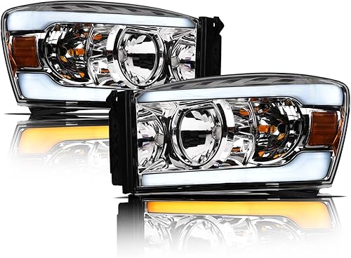 Alpha Owls 8711545 - Faros delanteros de proyector con barra LED secuencial Switchback y luz de arranque - Ámbar cromado para Dodge Ram 1500