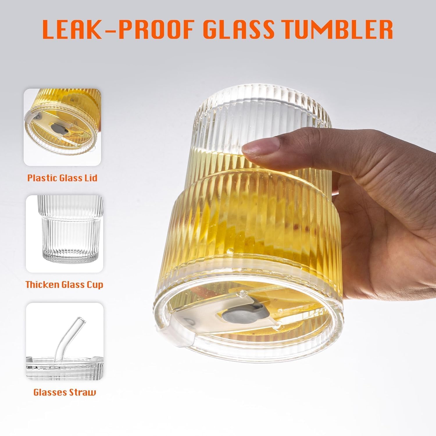 13oz/400ML Glass Tumbler with Straw and Lid Ribbed Vertical Ice Coffee Cups Sealed Carry on for Coffee Iced Tea, Thick Wall Glassware Tumbler Water Glass (1) - Image 6