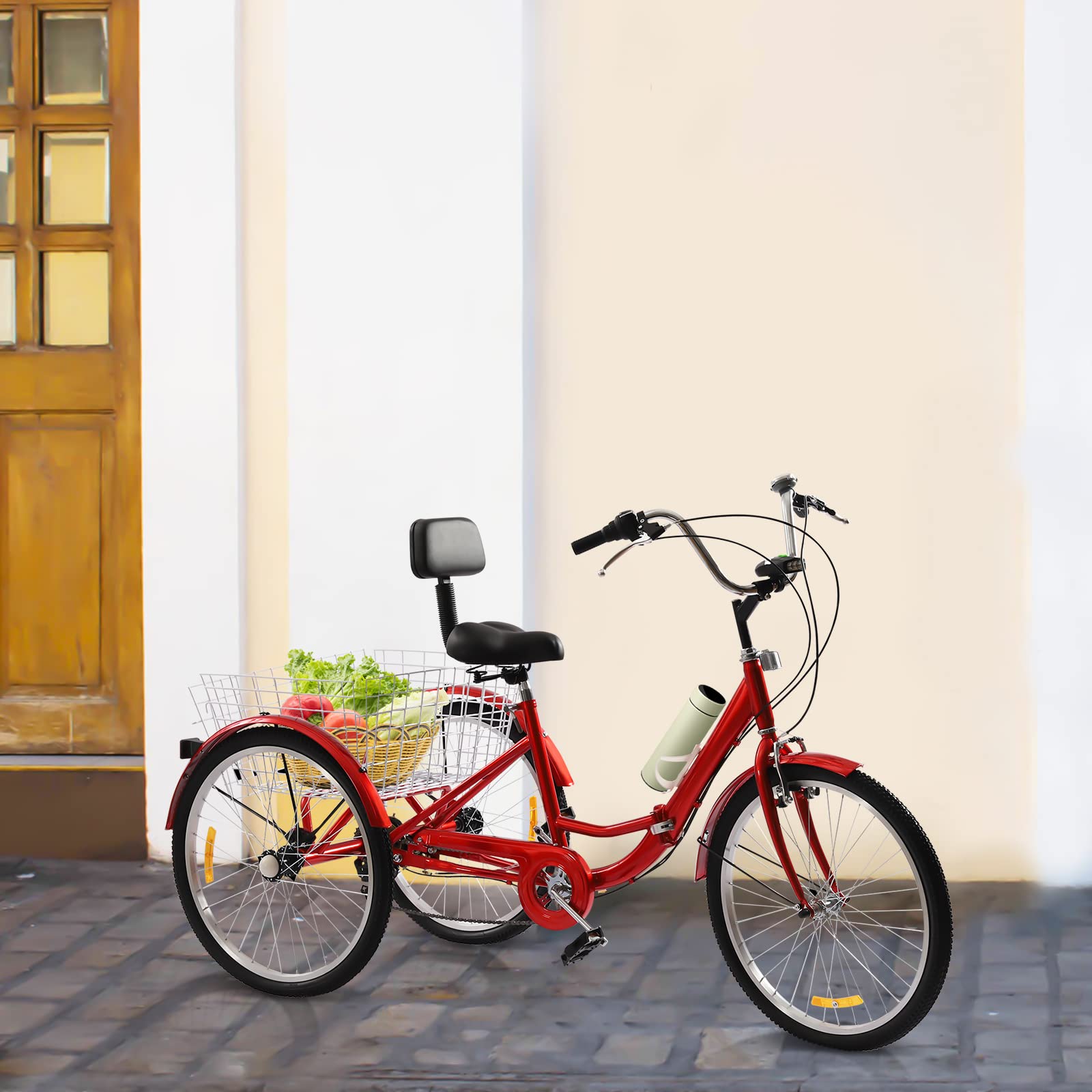 Triciclo pieghevole per adulti, 24 pollici, 7 marce, 3 ruote, bicicletta per adulti, con cestino, bicicletta per la spesa, bicicletta cargo per adulti, anziani e donne, regolabile in altezza