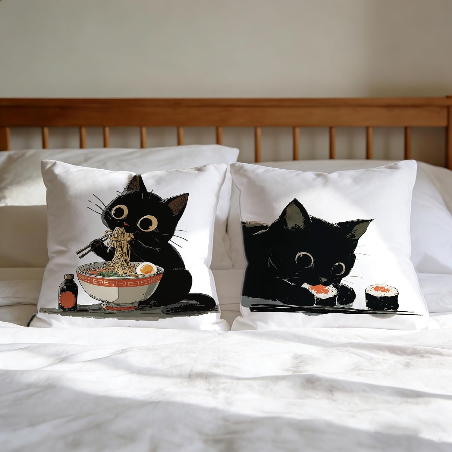 Black Cat Ramen Sushi Pillow Covers Set of 2