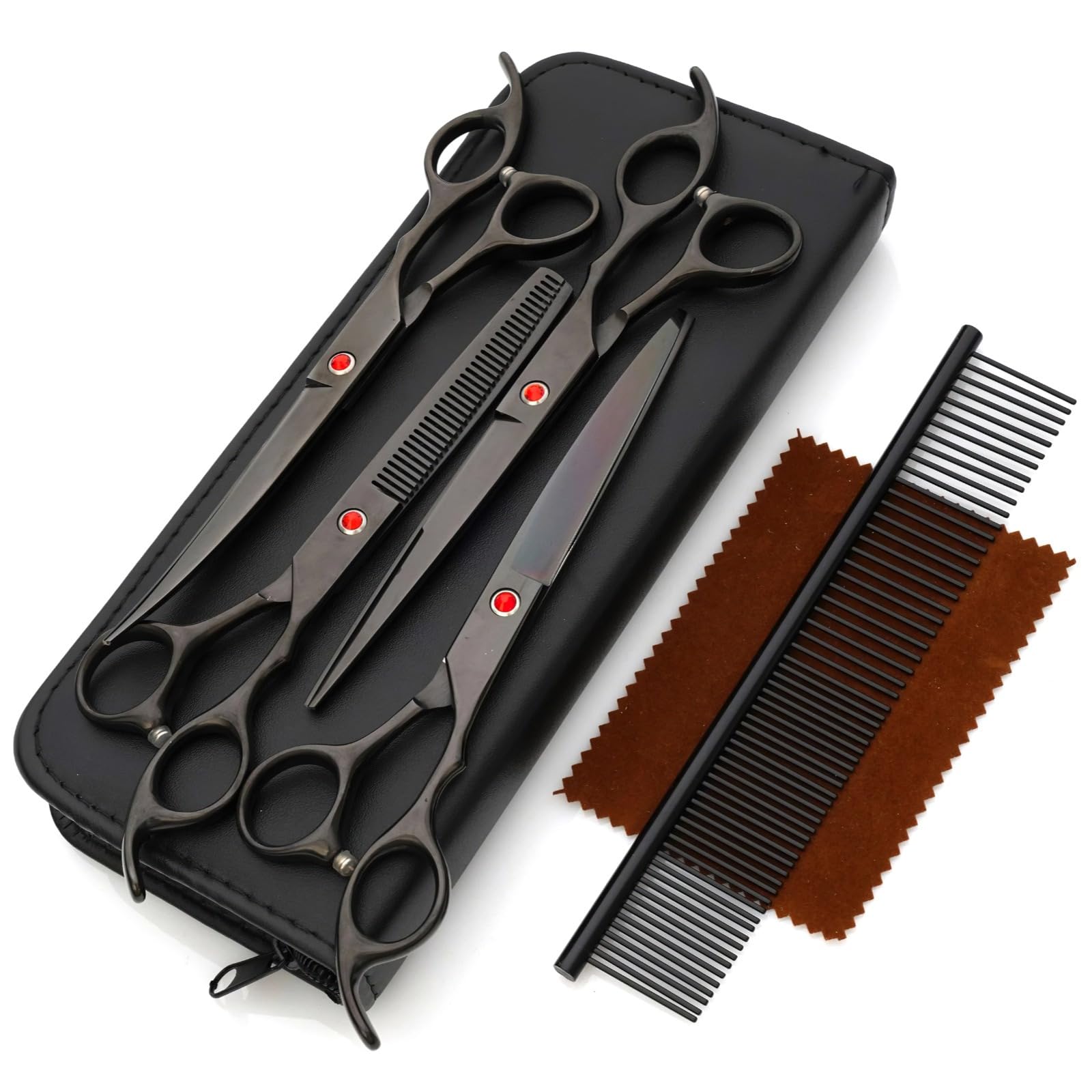 Kit de 7 ciseaux de toilettage pour animaux de compagnie, comprend des ciseaux droits, incurvés et à dents avec peigne, pochette pour le voyage et le rangement