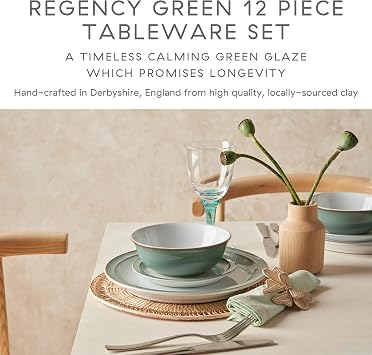 Denby - Regency Green Dinner Set For 4 - 12 Piece Green, White Ceramic Tableware Set - Dishwasher Microwave Safe Crockery Set - 4 x Dinner Plates, 4 x Small Plates, 4 x Cereal Bowls