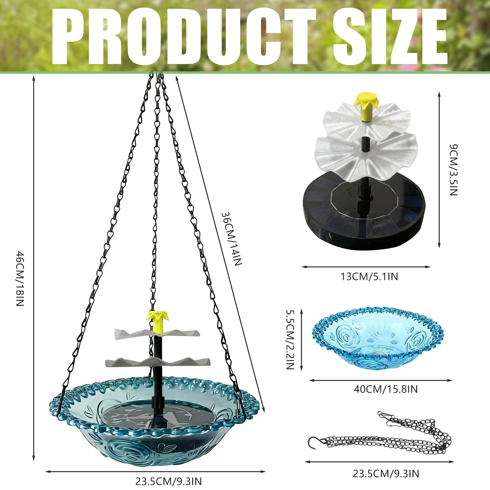 Vogeltränke Hängend mit Solarbrunnen, Solar Vogeltränke Balkon, Vogelbad Garten zum Aufhängen, Wassertränke für Vögel mit Springbrunnen Wasserspiel,Metall Trinkschale Vögel für Garten Hof Outdoor (A)