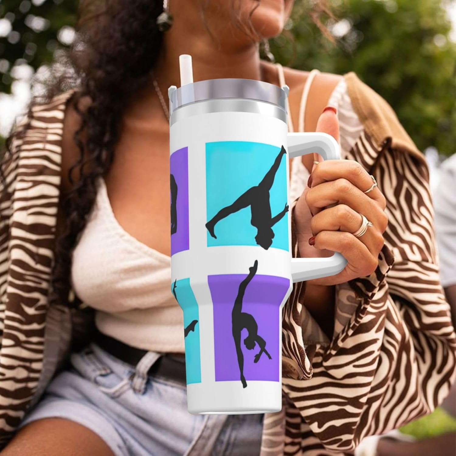 40 OZ Gymnastics Game Print Ice Bully Cup with Handle Straw Lid Straw,Stainless Steel Tumbler Coffee Cup