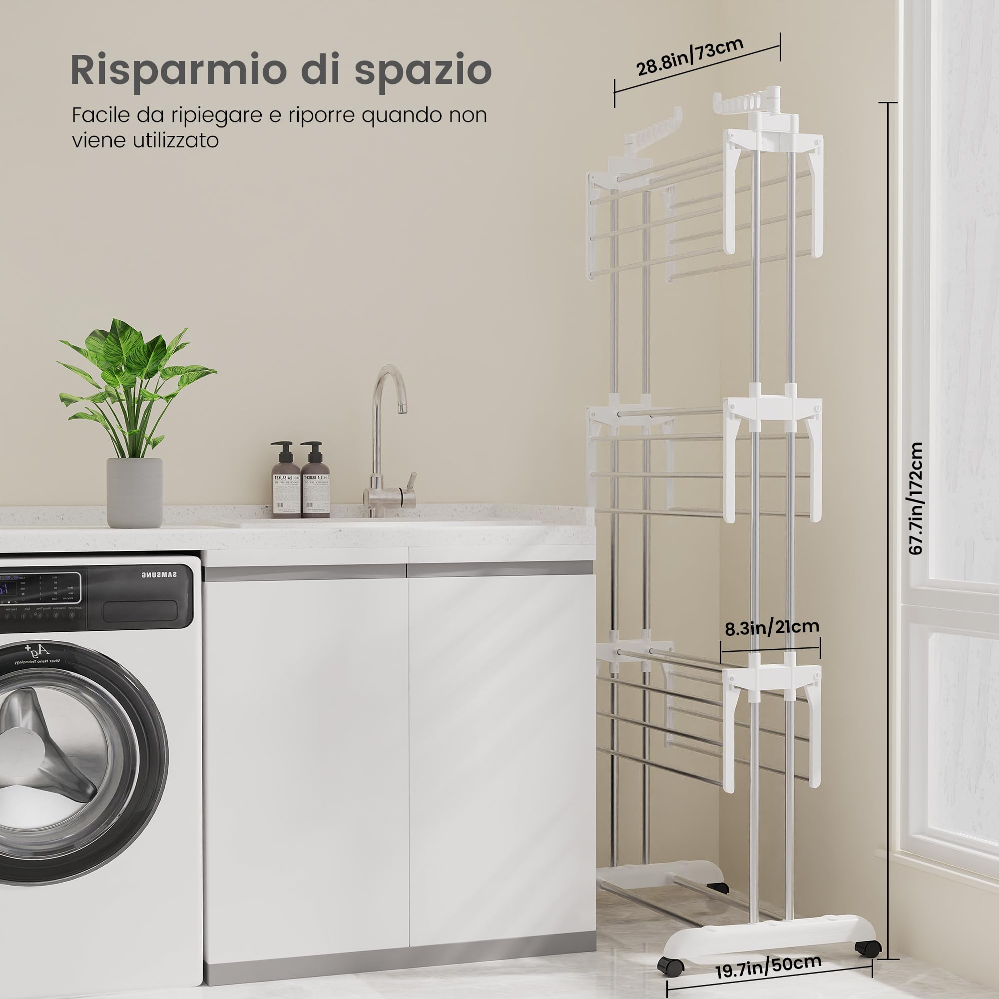 Innotic Stendino 4 Livelli, Stendibiancheria Pieghevole con Ruote e Ali | Stendino Verticale Salvaspazio Capiente, Stendipanni a Torre Allungabile Alto per Balcone Esterno/Interno, Bianco