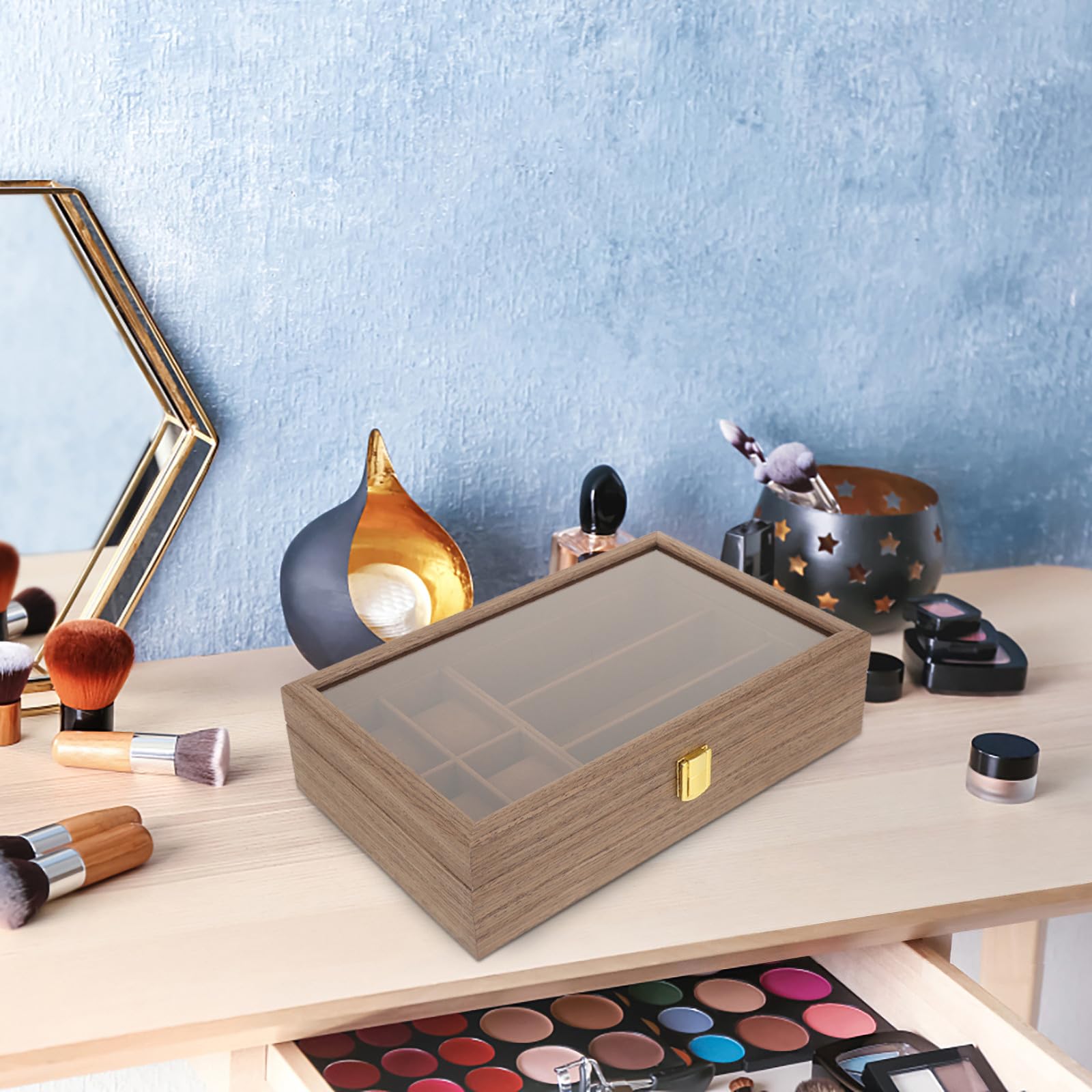 Gatuida Caja para Relojes y Gafas de Madera Marrón Gran Capacidad, Diseño Multi-rejilla, Tapa Incluida, Adecuado para Viajar y Organizar Joyas