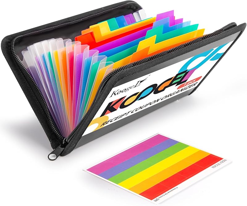 Koogel 13 Pockets Expanding File Folder, Zipper Accordion Organizer, Black | Small 8.3x5.1 Receipt Holder with Labels, for Organizing Coupons, Bills, Business Cards, Document, Zipper Closure, Classroom