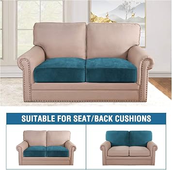 BellaHills Velvet Stretch Sofa Seat Cushion Covers - Modular Cushion Covers Furniture Protector - Elastic Bottom (2 Pieces, Deep Teal)