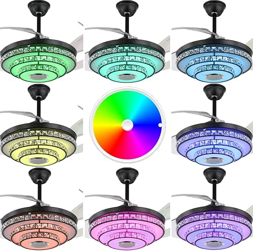Miniatura 4 de Ventiladores de techo retráctiles de 42 pulgadas con control remoto de luces lámpara de cristal moderna con altavoz Bluetooth motor silencioso