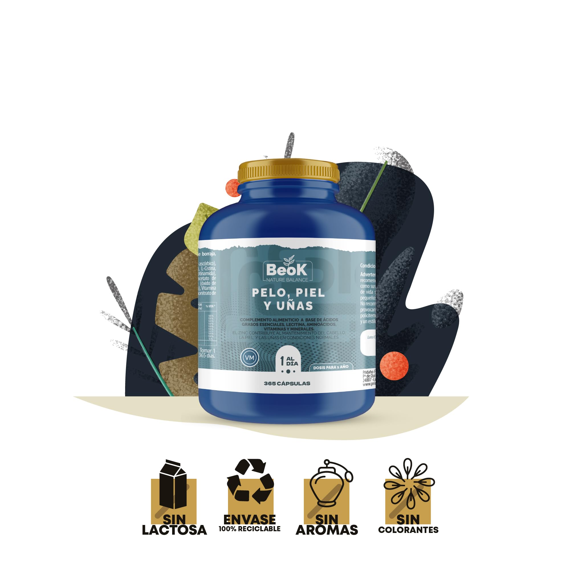 BEOK Pelo, Piel y Uñas 365 Cápsulas – Suplemento Alimenticio con Omega 3-6, L-Cistina, Biotina, Hierro, Zinc y Vitaminas C, E y Complejo B – Suministro para 1 Año