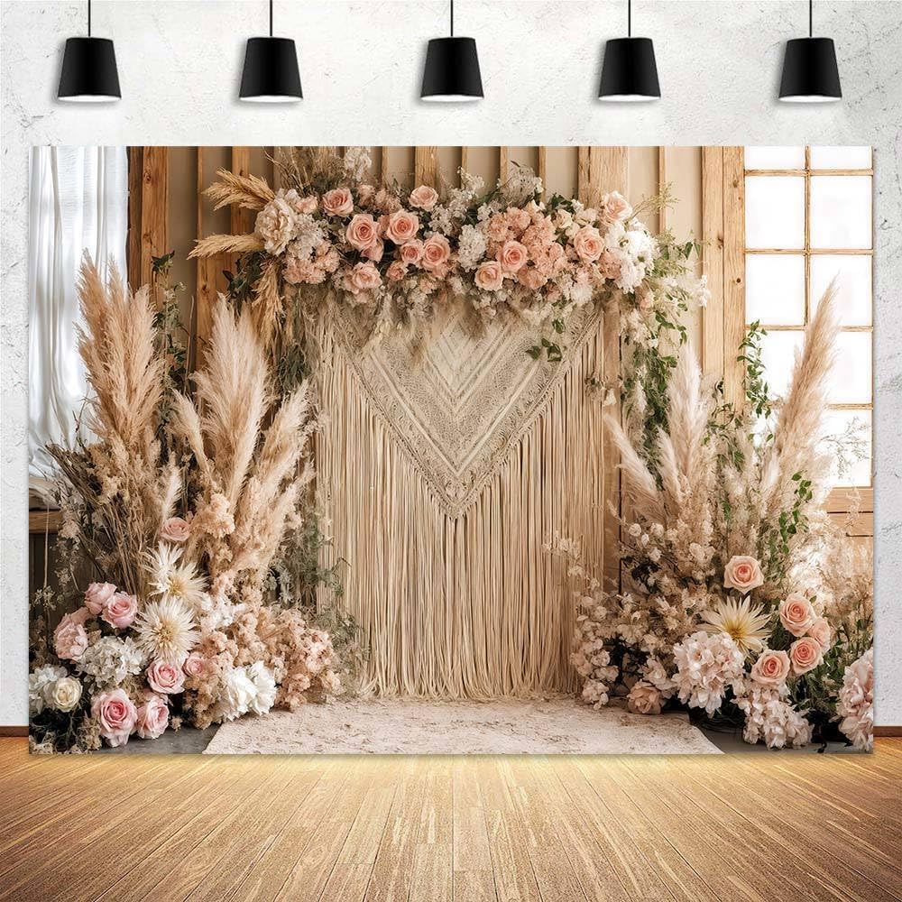 3,7 x 3 m Bohemian Pampas Erba Fiore Sfondo Retro Boho Fiori Finestra Fotografia Sfondo Nuziale Anniversario Compleanno Baby Shower Decorazione