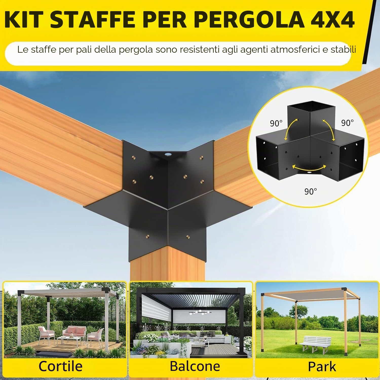 Kit Staffe per Pergola, Supporto per Pali in Legno da Carpenteria 4 Staffe Angolari a 3 Vie Kit per Travi Fai da Te per Gazebo, Pergolati da Patio, per 100mmx100mm legname Pergola