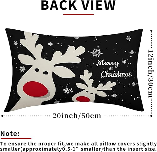 Miniatura 3 de Juego de 2 fundas de almohada lumbar de 12 x 20 pulgadas, diseño de reno de copo de nieve negro con diseño de ciervo de Navidad, para decoración del