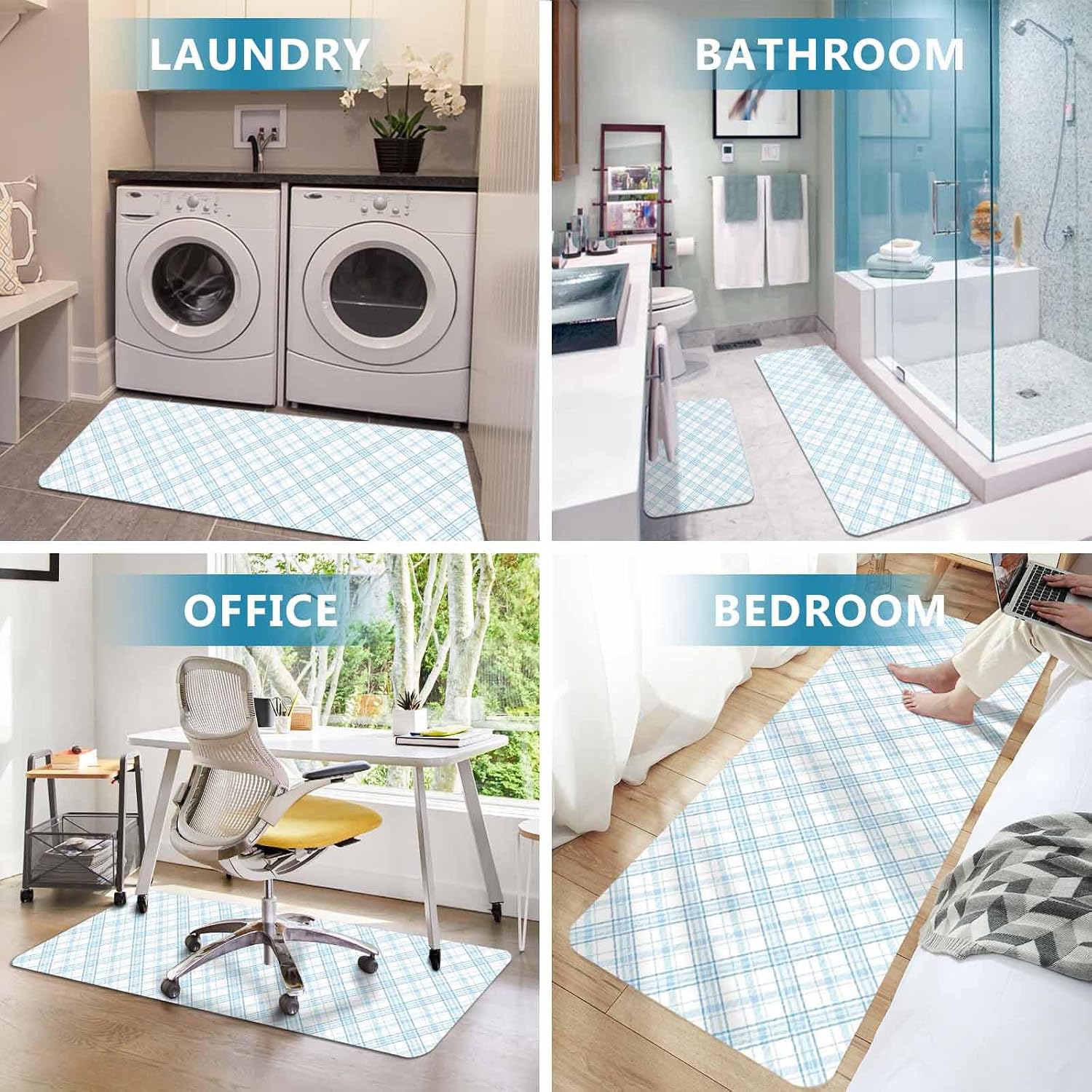 Light Blue White Checkered Kitchen Mat Set 2 Pieces Modern Minimalist Watercolor Country Farm Non Slip Kitchen Rugs Washable Runner Rug Mats for Sink Laundry (19.7" x 31.5"+19.7" x 47.2")