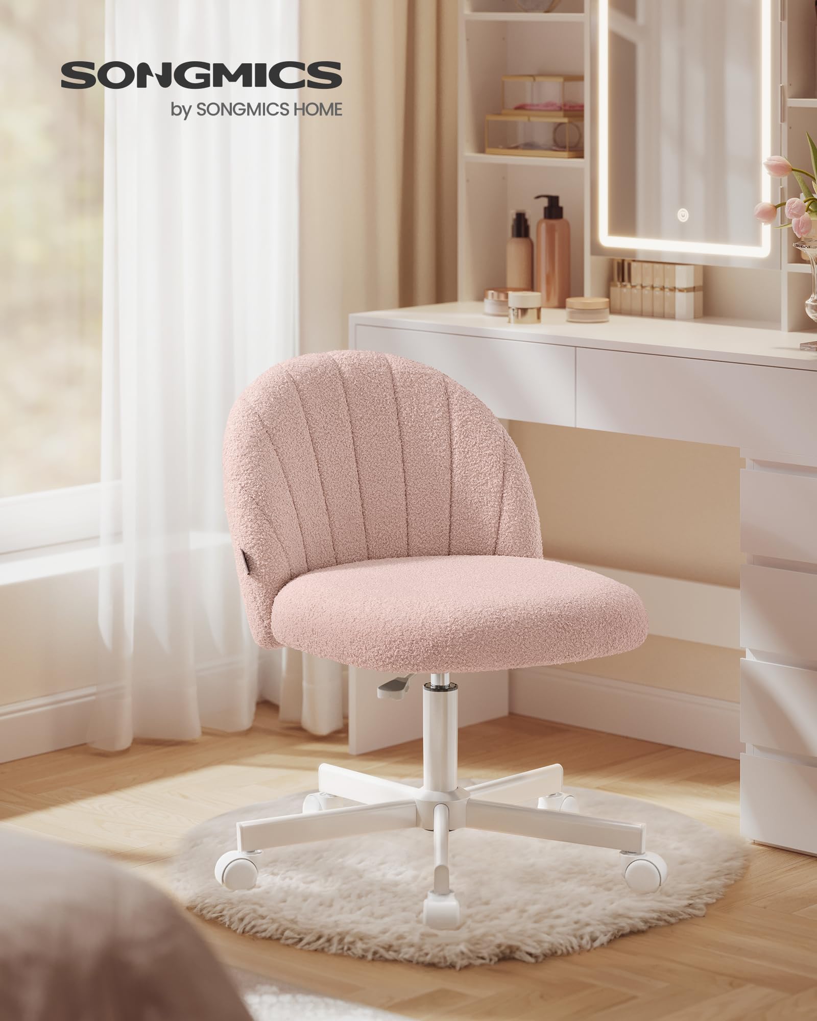SONGMICS Sedia da Ufficio, Sgabello da Trucco in Tessuto Peluche, Sedia da Scrivania Imbottita in Gommapiuma, Regolabile in Altezza, Studio Camera da Letto Cabina Armadio, Rosa Pastello OBG027SA01
