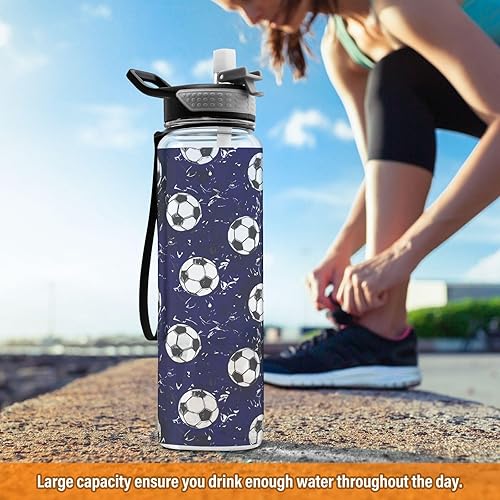 Miniatura 6 de Botellas de agua de fútbol azul con pajilla, botella de agua transparente grande para correr, sin BPA, para niñas, niños, mujeres, hombres, viajes,