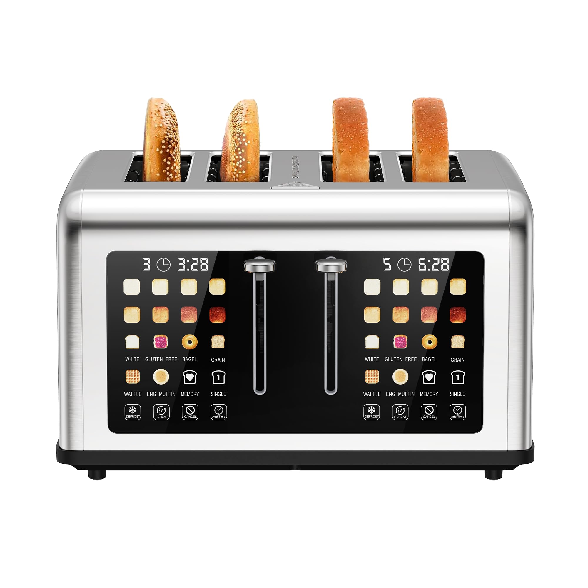 Toaster 4 Scheiben, Edelstahl Langschlitztoaster mit Smart Touchscreen & LED-Countdown, 8 Bräunungsstufen, 6 Brotprogramme, Auftauen & Aufwärmen Funktion, für Bagels & dicke Brotscheiben, 1760W
