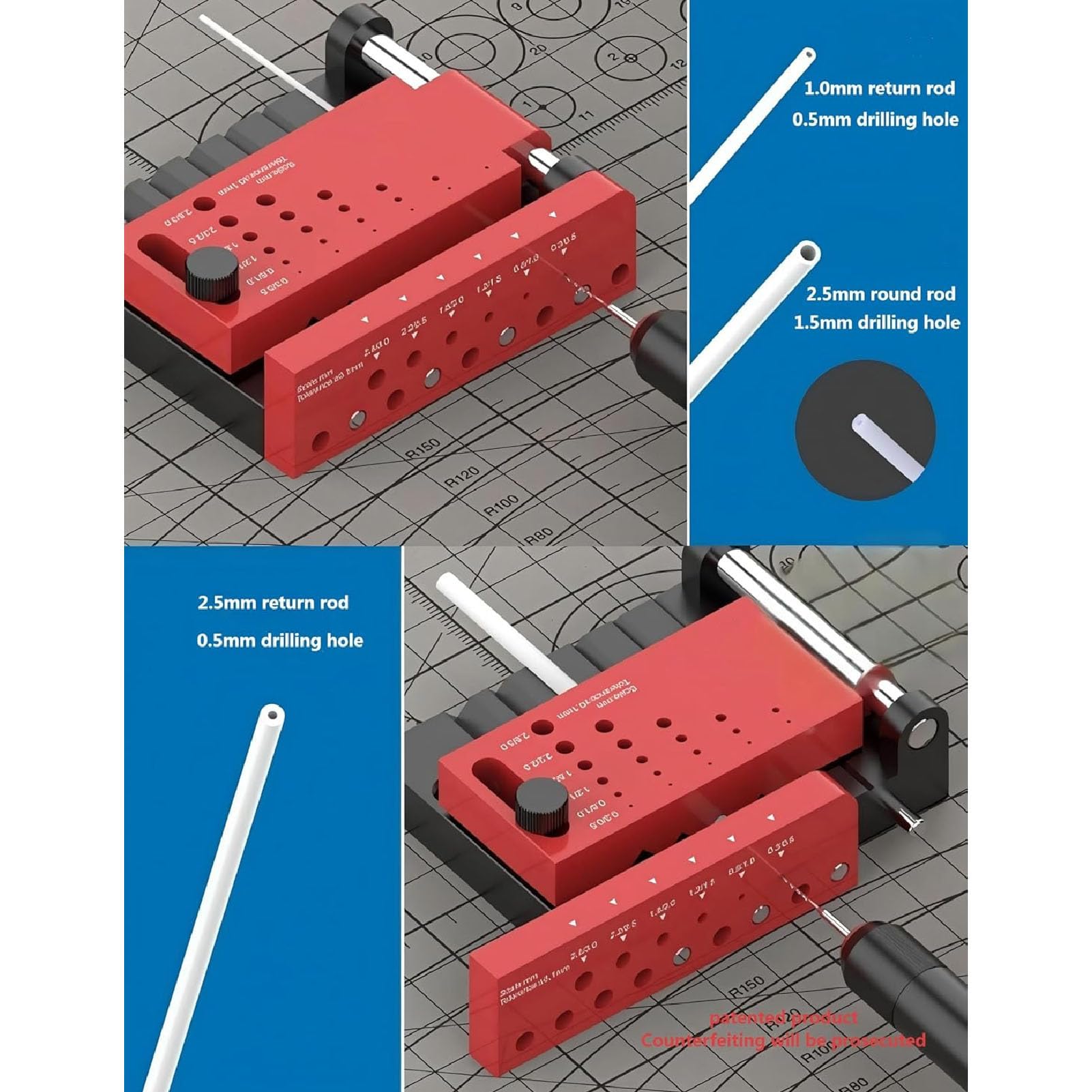 Fockety Localizzatore centrale per barre tonde, guida di foratura regolabile, posizionatore portatile per fori per strumenti di modellismo, modifica fai de te di figure